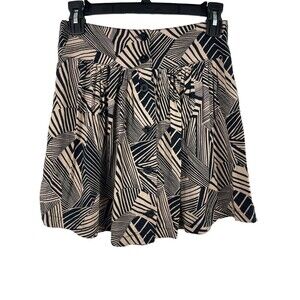 Papaya Pinkish Tan Black Tropical Leaf Striped Print Button Pleated Mini Skirt M